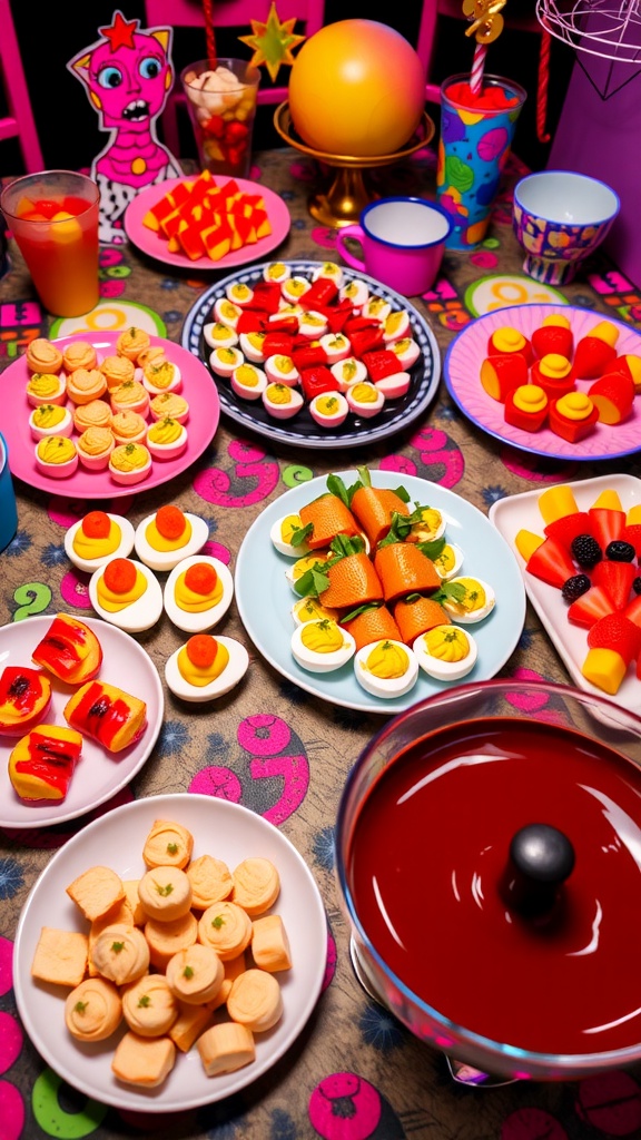 A colorful assortment of 80s party snacks including cheese puffs, deviled eggs, fruit kabobs, and chocolate fondue on a neon-themed table.